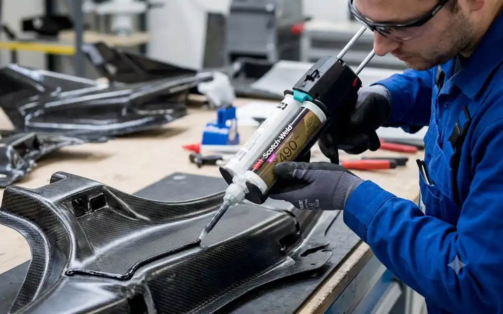 Fachkraft trägt 3M Scotch-Weld DP490 mit Kartuschenpistole auf ein Carbon-Bauteil auf